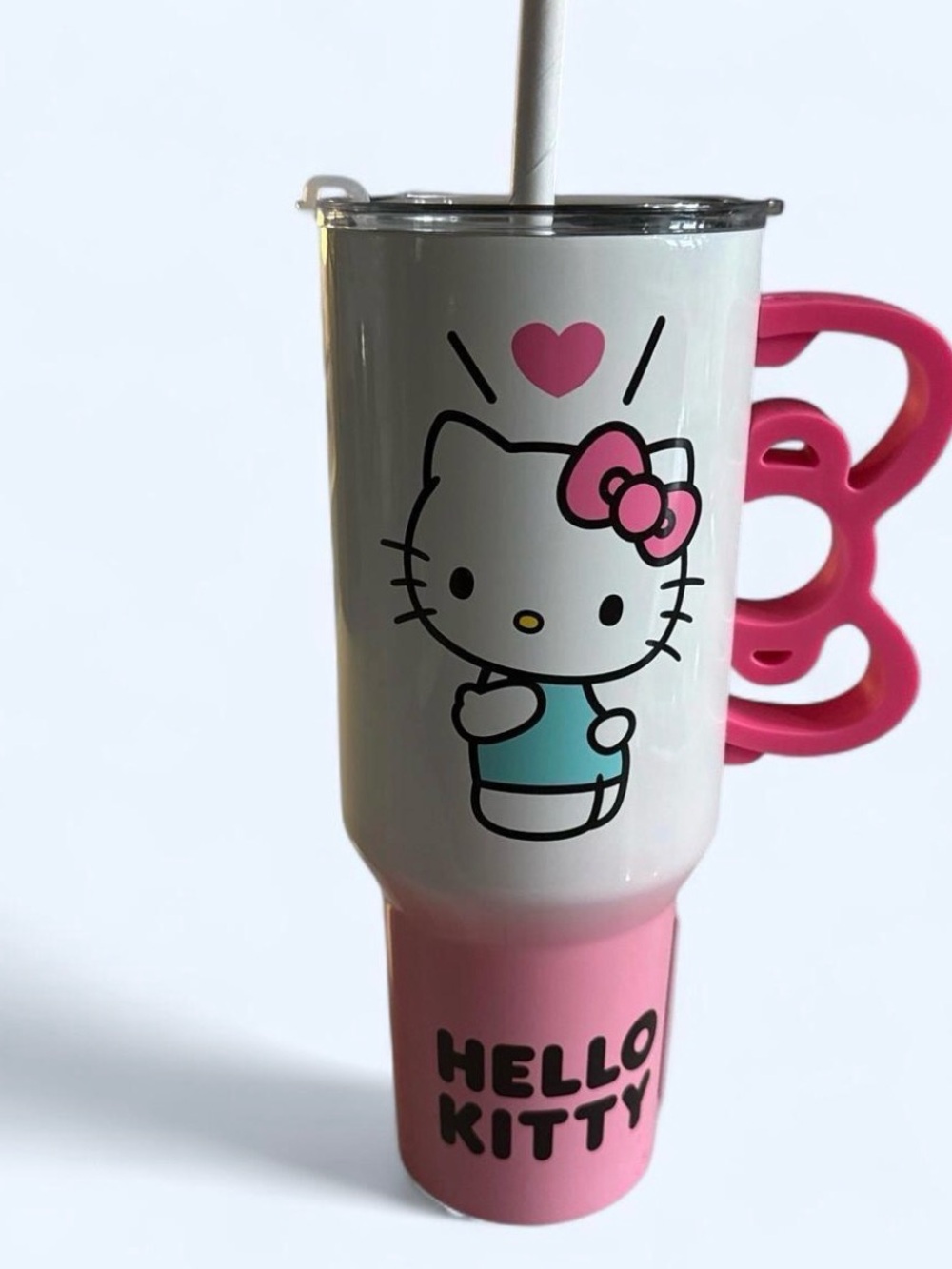 Hello Kitty White Pink Blue Kids Straw Tumbler with Pink Handle